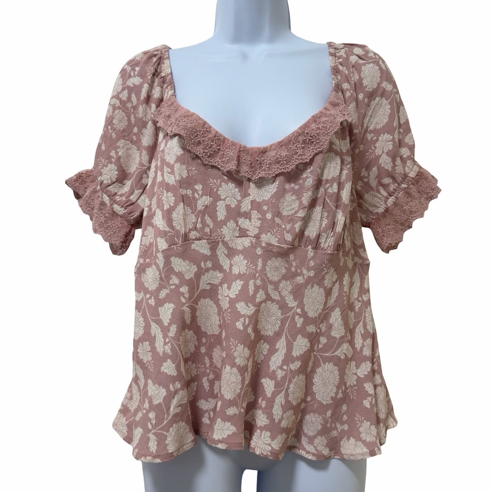 American Eagle Women Floral Lace Trim Babydoll Top Size L Pink Soft Romantic NWT